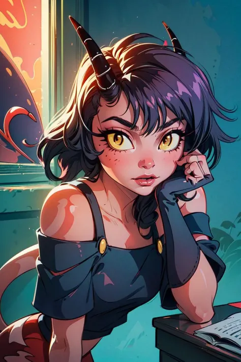 ( hbmillie:1), (black hair), (red skin, demon, imp:1.2), (yellow eyes, glowing yellow eyes, demon eyes, yellow sclera:1.2), (demon girl, colored skin, red skin, horns, colored sclera, yellow sclera, tail, torn clothes, off-shoulder shirt, fingerless gloves), (realistic:1.2), (masterpiece:1.2), (full-body-shot:1),(Cowboy-shot:1.2), hell background, hell, imp, magical neon lighting, dark romantic lighting, (highly detailed:1.2),(detailed face:1.2), (gradients), colorful, detailed eyes, (detailed landscape:1.2), (natural lighting:1.2),(detailed background),detailed landscape, (dynamic pose:1.2), close shot, solo, <lora:helluvaboss_millie-11:0.99> <lora:add_detail:0.3> <lora:hipoly3DModelLora_v10:0.05> <lora:RSERomantic_RSESofiko_RSEEmma-v1:0.1>