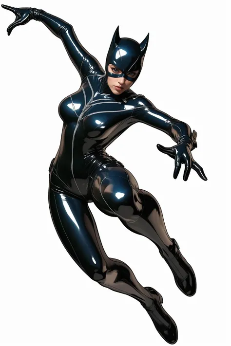 Female、Catwoman、Black vinyl bodysuit、Black Cat Mask、Full body image