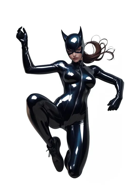 catwoman, (((annoyed))), (mask, lipstick, bodysuit), (straight back, sitting straight), portrait, (clothed, high heels), ((kneeling, sitting)), beautiful woman, earrings, green eyes, facing viewer, looking at viewer, kneeling, (thin, skinny), medium breasts, ((arms behind back)), knees together, legs together, ((facing forward, straight forward, facing camera, looking at camera, portrait)), ((handcuffs, chain leash, collar, viewer holding leash))