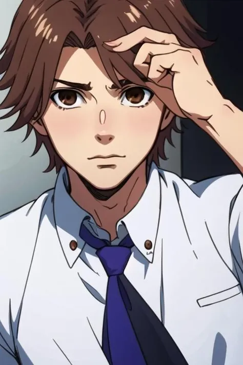 masterpiece, best quality, photorealistic, 1boy, solo, male focus, looking at viewer, , , anime coloring, , <lora:seidou_takizawa:0.74>, seidou_takizawa, brown hair, brown eyes, , grimdark,