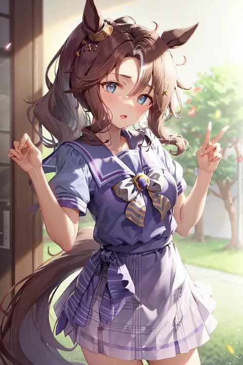 masterpiece, best quality,
mejiro palmer \(umamusume\),
tracen school uniform, ear ornament, summer uniform, serafuku, puffy short sleeves, purple bowtie, horseshoe ornament, sailor collar, sailor shirt, purple shirt, white skirt, pleated skirt, frilled skirt,
<lora:mejiro_palmer_loha:0.8>