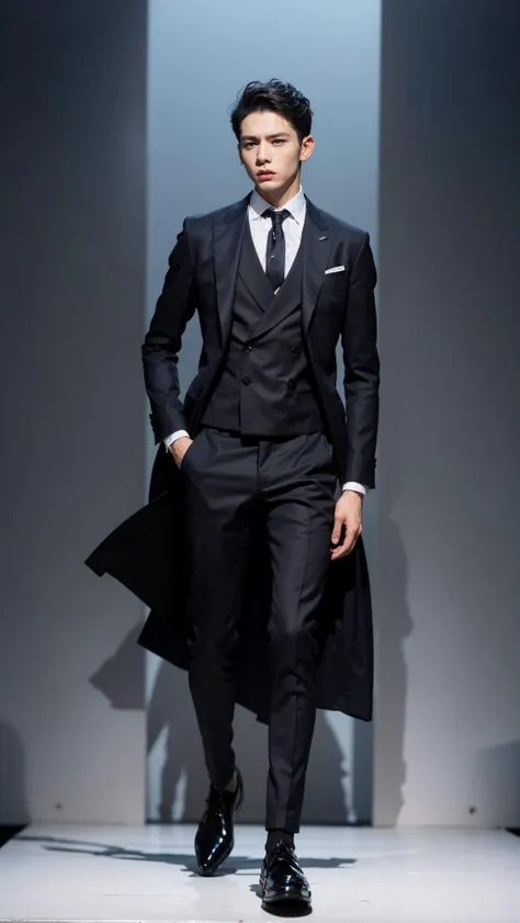 1boy , boy handsome, Haute_Couture, wearing Haute_Couture, posing for a picture, fashion show, Long shaped face, angry, crazy, dark red eyes, short hair, catwalk \(walkway\),  , colorful, vivid colors, masterpiece, best quality, absurdres, highest quality, amazing details, 8k, aesthetic