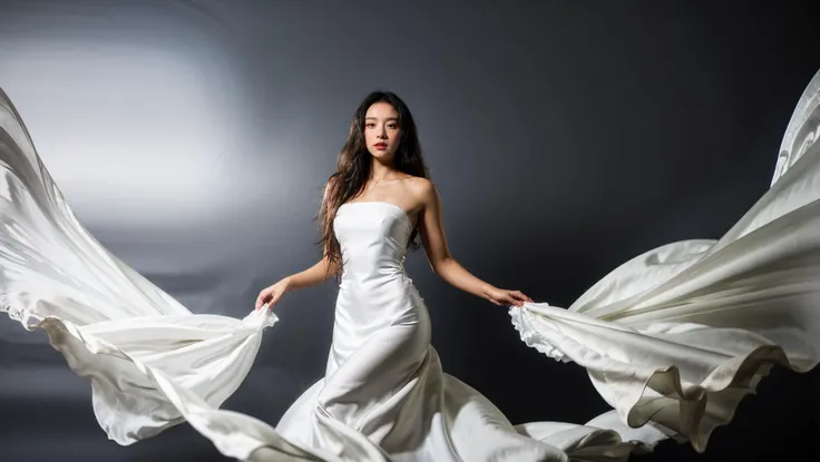 dressart, white dress, floating hair, (floating dress:1.4), (photo art), 1girl, Stunningly Beautiful Girl, Haute_Couture, designer dress, wearing Haute_Couture, posing for a picture, fashion show, Long shaped face, angry, crazy, dark red eyes, Sandy Blonde side-swept hair, short hair, long ringlets, catwalk \(walkway\), , colorful, vivid colors, masterpiece, best quality, absurdres, highest quality, amazing details, 8k, aesthetic, <lora:dressart_SDLife_Chiasedamme_v1.0:0.74> <lora:add_detail:0.25> <lora:more_details:0.25>