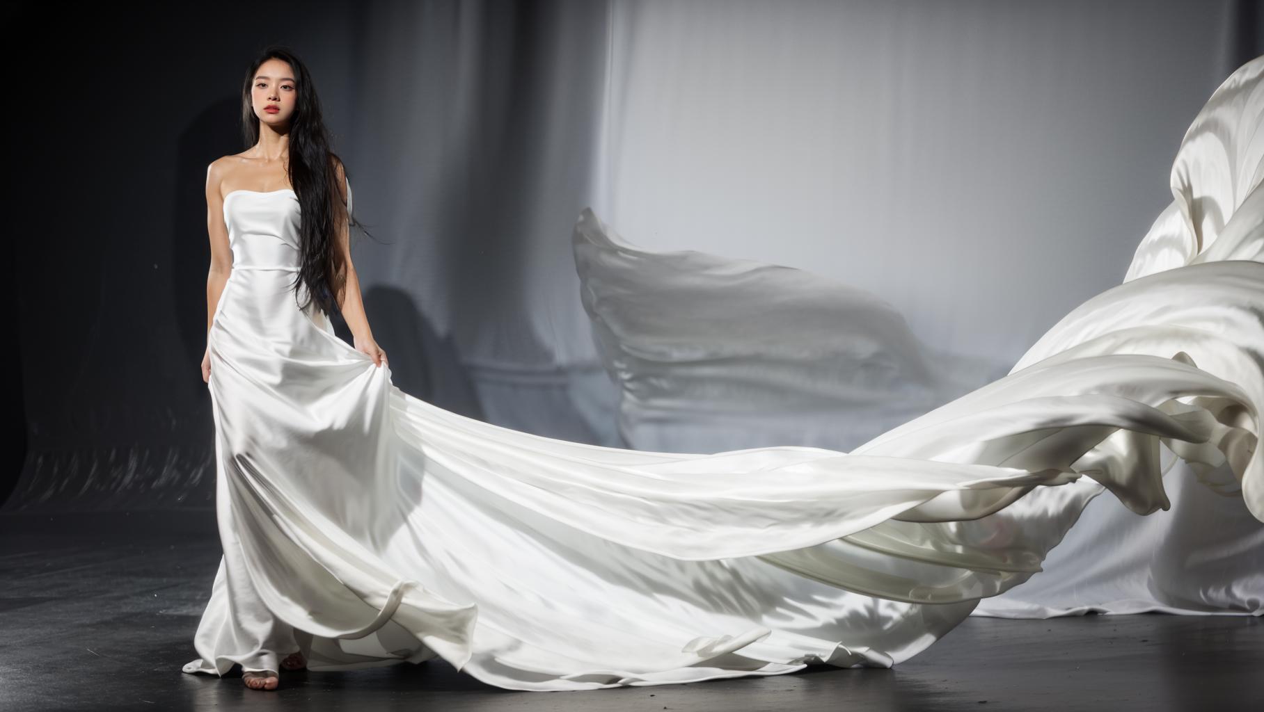A woman in a white dress is standing in front of a white curtain ...