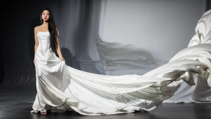dressart, white dress, floating hair, (floating dress:1.4), (photo art), 1girl, Stunningly Beautiful Girl, Haute_Couture, designer dress, wearing Haute_Couture, posing for a picture, fashion show, Long shaped face, angry, crazy, dark red eyes, Sandy Blonde side-swept hair, short hair, long ringlets, catwalk \(walkway\), , colorful, vivid colors, masterpiece, best quality, absurdres, highest quality, amazing details, 8k, aesthetic, <lora:dressart_SDLife_Chiasedamme_v1.0:0.88>