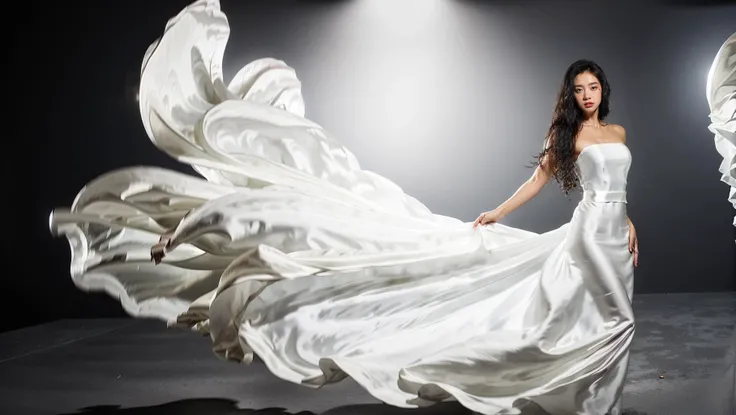 dressart, white dress, floating hair, (floating dress:1.4), (photo art), 1girl, Stunningly Beautiful Girl, Haute_Couture, designer dress, wearing Haute_Couture, posing for a picture, fashion show, Long shaped face, angry, crazy, dark red eyes, Sandy Blonde side-swept hair, short hair, long ringlets, catwalk \(walkway\), , colorful, vivid colors, masterpiece, best quality, absurdres, highest quality, amazing details, 8k, aesthetic, <lora:dressart_SDLife_Chiasedamme_v1.0:0.88>