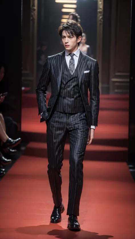 1boy , boy handsome, Haute_Couture, wearing Haute_Couture, posing for a picture, fashion show, Long shaped face, angry, crazy, dark red eyes, short hair, catwalk \(walkway\), , colorful, vivid colors, masterpiece, best quality, absurdres, highest quality, amazing details, 8k, aesthetic