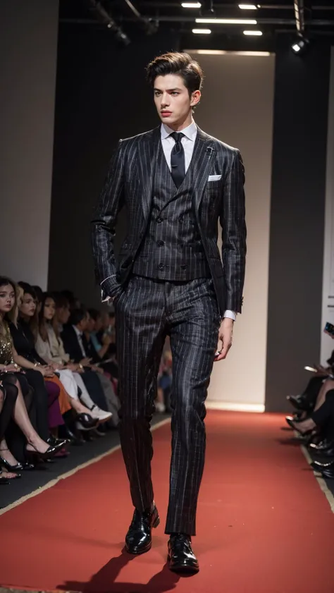 1boy , boy handsome, Haute_Couture, wearing Haute_Couture, posing for a picture, fashion show, Long shaped face, angry, crazy, dark red eyes, short hair, catwalk \(walkway\), , colorful, vivid colors, masterpiece, best quality, absurdres, highest quality, amazing details, 8k, aesthetic