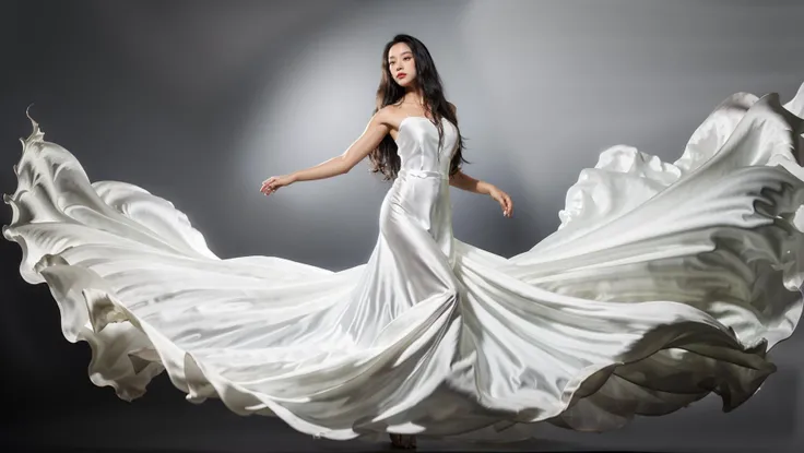dressart, white dress, floating hair, (floating dress:1.4), (photo art), 1girl, Stunningly Beautiful Girl, Haute_Couture, designer dress, wearing Haute_Couture, posing for a picture, fashion show, Long shaped face, angry, crazy, dark red eyes, Sandy Blonde side-swept hair, short hair, long ringlets, catwalk \(walkway\), , colorful, vivid colors, masterpiece, best quality, absurdres, highest quality, amazing details, 8k, aesthetic, <lora:dressart_SDLife_Chiasedamme_v1.0:0.88>
