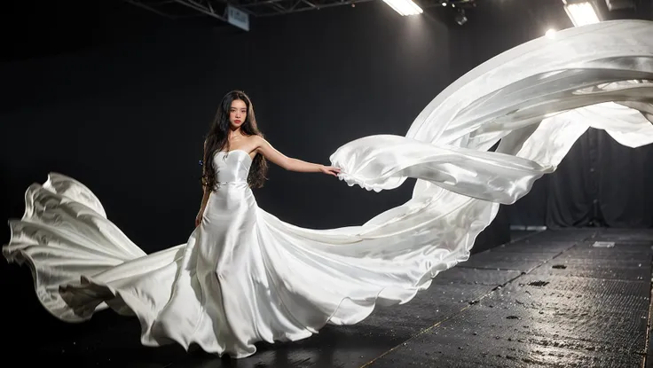 dressart, white dress, floating hair, (floating dress:1.4), (photo art), 1girl, Stunningly Beautiful Girl, Haute_Couture, designer dress, wearing Haute_Couture, posing for a picture, fashion show, Long shaped face, angry, crazy, dark red eyes, Sandy Blonde side-swept hair, short hair, long ringlets, catwalk \(walkway\), , colorful, vivid colors, masterpiece, best quality, absurdres, highest quality, amazing details, 8k, aesthetic, <lora:dressart_SDLife_Chiasedamme_v1.0:0.88>