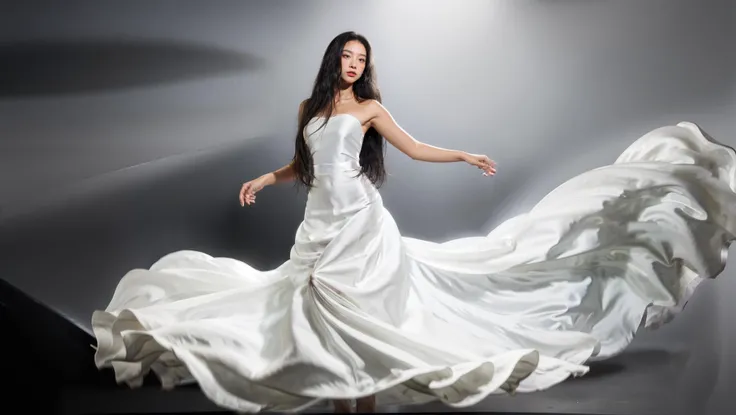 dressart, white dress, floating hair, (floating dress:1.4), (photo art), 1girl, Stunningly Beautiful Girl, Haute_Couture, designer dress, wearing Haute_Couture, posing for a picture, fashion show, Long shaped face, angry, crazy, dark red eyes, Sandy Blonde side-swept hair, short hair, long ringlets, catwalk \(walkway\),  , colorful, vivid colors, masterpiece, best quality, absurdres, highest quality, amazing details, 8k, aesthetic,   <lora:dressart_SDLife_Chiasedamme_v1.0:0.88>