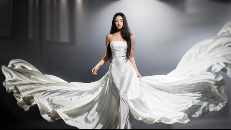 dressart, white dress, floating hair, (floating dress:1.4), (photo art), 1girl, Stunningly Beautiful Girl, Haute_Couture, designer dress, wearing Haute_Couture, posing for a picture, fashion show, Long shaped face, angry, crazy, dark red eyes, Sandy Blonde side-swept hair, short hair, long ringlets, catwalk \(walkway\), , colorful, vivid colors, masterpiece, best quality, absurdres, highest quality, amazing details, 8k, aesthetic, <lora:dressart_SDLife_Chiasedamme_v1.0:0.88>
