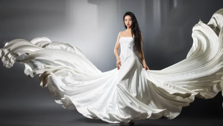 dressart, white dress, floating hair, (floating dress:1.4), (photo art), 1girl, Stunningly Beautiful Girl, Haute_Couture, designer dress, wearing Haute_Couture, posing for a picture, fashion show, Long shaped face, angry, crazy, dark red eyes, Sandy Blonde side-swept hair, short hair, long ringlets, catwalk \(walkway\), , colorful, vivid colors, masterpiece, best quality, absurdres, highest quality, amazing details, 8k, aesthetic, <lora:dressart_SDLife_Chiasedamme_v1.0:0.88>
