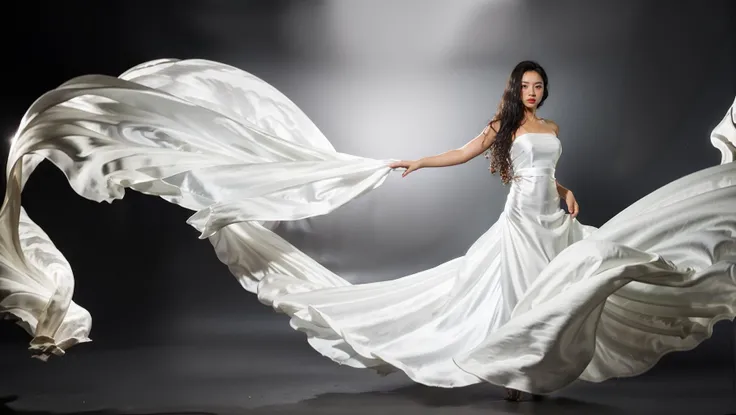 dressart, white dress, floating hair, (floating dress:1.4), (photo art), 1girl, Stunningly Beautiful Girl, Haute_Couture, designer dress, wearing Haute_Couture, posing for a picture, fashion show, Long shaped face, angry, crazy, dark red eyes, Sandy Blonde side-swept hair, short hair, long ringlets, catwalk \(walkway\), , colorful, vivid colors, masterpiece, best quality, absurdres, highest quality, amazing details, 8k, aesthetic, <lora:dressart_SDLife_Chiasedamme_v1.0:0.88>