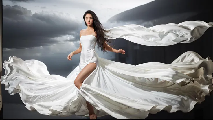 dressart, white dress, floating hair, (floating dress:1.4), (photo art), 1girl, Stunningly Beautiful Girl, Haute_Couture, designer dress, wearing Haute_Couture, posing for a picture, fashion show, Long shaped face, angry, crazy, dark red eyes, Sandy Blonde side-swept hair, short hair, long ringlets, catwalk \(walkway\),  , colorful, vivid colors, masterpiece, best quality, absurdres, highest quality, amazing details, 8k, aesthetic,   <lora:dressart_SDLife_Chiasedamme_v1.0:0.74>  <lora:add_detail:0.25> <lora:more_details:0.25>