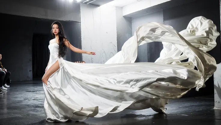dressart, white dress, floating hair, (floating dress:1.4), (photo art), 1girl, Stunningly Beautiful Girl, Haute_Couture, designer dress, wearing Haute_Couture, posing for a picture, fashion show, Long shaped face, angry, crazy, dark red eyes, Sandy Blonde side-swept hair, short hair, long ringlets, catwalk \(walkway\), , colorful, vivid colors, masterpiece, best quality, absurdres, highest quality, amazing details, 8k, aesthetic, <lora:dressart_SDLife_Chiasedamme_v1.0:0.88>