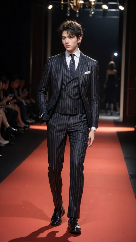 1boy , boy handsome, Haute_Couture, wearing Haute_Couture, posing for a picture, fashion show, Long shaped face, angry, crazy, dark red eyes, short hair, catwalk \(walkway\), , colorful, vivid colors, masterpiece, best quality, absurdres, highest quality, amazing details, 8k, aesthetic