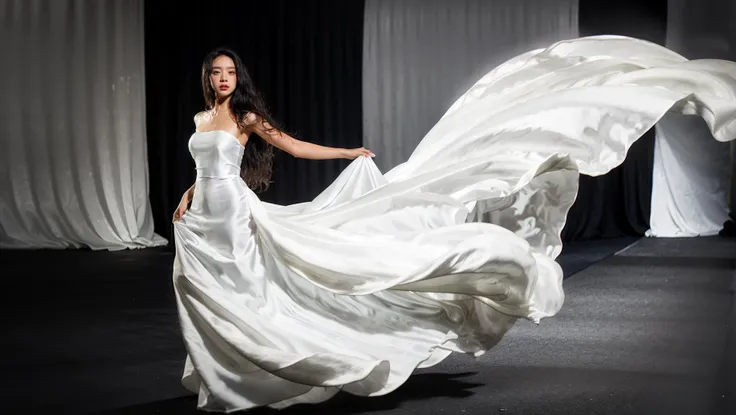 dressart, white dress, floating hair, (floating dress:1.4), (photo art), 1girl, Stunningly Beautiful Girl, Haute_Couture, designer dress, wearing Haute_Couture, posing for a picture, fashion show, Long shaped face, angry, crazy, dark red eyes, Sandy Blonde side-swept hair, short hair, long ringlets, catwalk \(walkway\), , colorful, vivid colors, masterpiece, best quality, absurdres, highest quality, amazing details, 8k, aesthetic, <lora:dressart_SDLife_Chiasedamme_v1.0:0.88>