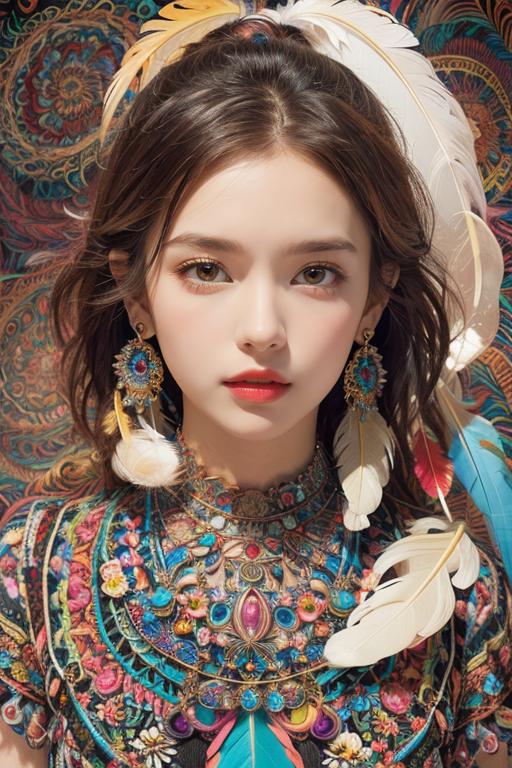 A woman with a colorful dress and feathers on her head - SeaArt AI