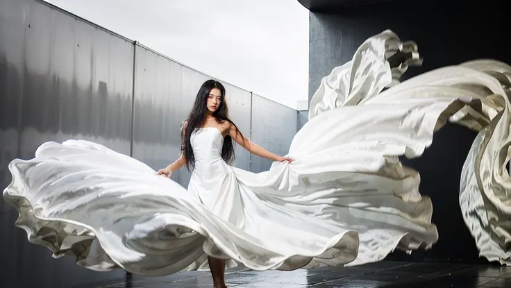 dressart, white dress, floating hair, (floating dress:1.4), (photo art), 1girl, Stunningly Beautiful Girl, Haute_Couture, designer dress, wearing Haute_Couture, posing for a picture, fashion show, Long shaped face, angry, crazy, dark red eyes, Sandy Blonde side-swept hair, short hair, long ringlets, catwalk \(walkway\),  , colorful, vivid colors, masterpiece, best quality, absurdres, highest quality, amazing details, 8k, aesthetic,   <lora:dressart_SDLife_Chiasedamme_v1.0:0.88>