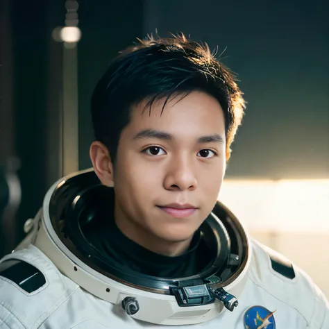 spacecraft, spacesuit, asian man's face, handsome young face, light smile,  cinematic shot + dynamic composition, incredibly detailed, sharpen, details + intricate detail + professional lighting, film lighting + 35mm + anamorphic + lightroom + cinematography + bokeh + lens flare + film grain + HDR10 + 8K + Roger Deakins, ((cinematic))