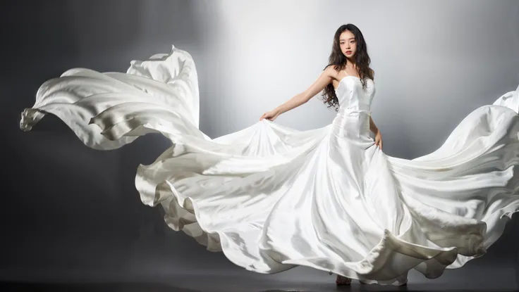 dressart, white dress, floating hair, (floating dress:1.4), (photo art), 1girl, Stunningly Beautiful Girl, Haute_Couture, designer dress, wearing Haute_Couture, posing for a picture, fashion show, Long shaped face, angry, crazy, dark red eyes, Sandy Blonde side-swept hair, short hair, long ringlets, catwalk \(walkway\), , colorful, vivid colors, masterpiece, best quality, absurdres, highest quality, amazing details, 8k, aesthetic, <lora:dressart_SDLife_Chiasedamme_v1.0:0.88>