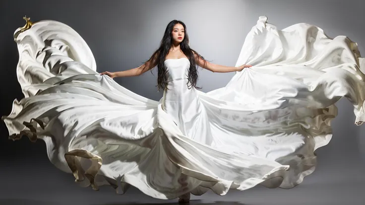 dressart, white dress, floating hair, (floating dress:1.4), (photo art), 1girl, Stunningly Beautiful Girl, Haute_Couture, designer dress, wearing Haute_Couture, posing for a picture, fashion show, Long shaped face, angry, crazy, dark red eyes, Sandy Blonde side-swept hair, short hair, long ringlets, catwalk \(walkway\),  , colorful, vivid colors, masterpiece, best quality, absurdres, highest quality, amazing details, 8k, aesthetic,   <lora:dressart_SDLife_Chiasedamme_v1.0:0.88>