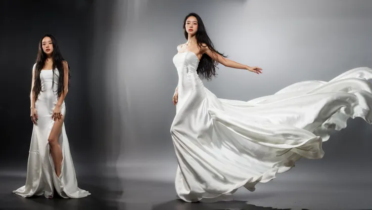 dressart, white dress, floating hair, (floating dress:1.4), (photo art), 1girl, Stunningly Beautiful Girl, Haute_Couture, designer dress, wearing Haute_Couture, posing for a picture, fashion show, Long shaped face, angry, crazy, dark red eyes, Sandy Blonde side-swept hair, short hair, long ringlets, catwalk \(walkway\), , colorful, vivid colors, masterpiece, best quality, absurdres, highest quality, amazing details, 8k, aesthetic, <lora:dressart_SDLife_Chiasedamme_v1.0:0.88>