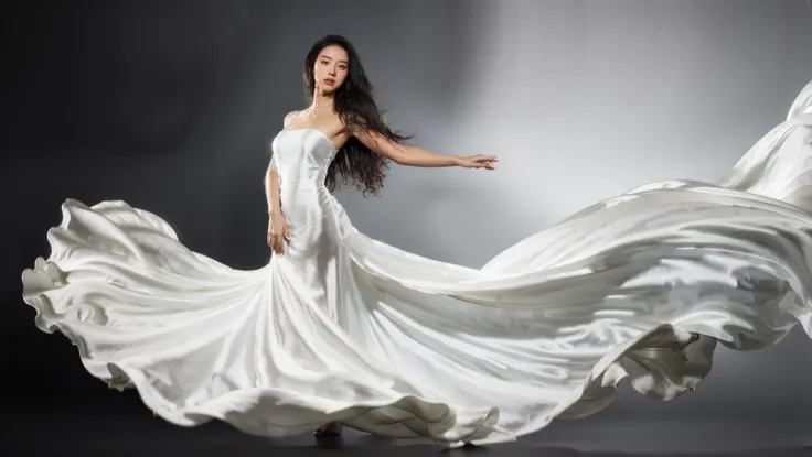 dressart, white dress, floating hair, (floating dress:1.4), (photo art), 1girl, Stunningly Beautiful Girl, Haute_Couture, designer dress, wearing Haute_Couture, posing for a picture, fashion show, Long shaped face, angry, crazy, dark red eyes, Sandy Blonde side-swept hair, short hair, long ringlets, catwalk \(walkway\), , colorful, vivid colors, masterpiece, best quality, absurdres, highest quality, amazing details, 8k, aesthetic, <lora:dressart_SDLife_Chiasedamme_v1.0:0.88>