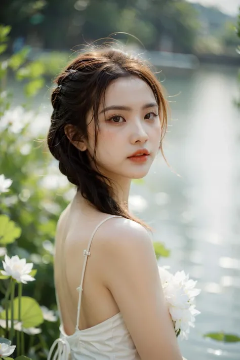 girlcuchoamiface, The woman's beauty can be enhanced by the reflection of the lotus flowers in the water. The vibrant colors of the lotus flowers can also add to the beauty of the scene, creating a harmonious blend of colors, RAW photo,(high detailed skin:1.2), 8k uhd, dslr, soft lighting, high quality, film grain, photorealistic, 1girl, Stunningly Beautiful Girl, Haute_Couture, designer dress, wearing Haute_Couture, posing for a picture, fashion show, Long shaped face, angry, crazy, dark red eyes, Sandy Blonde side-swept hair, short hair, long ringlets, catwalk \(walkway\), , colorful, vivid colors, masterpiece, best quality, absurdres, highest quality, amazing details, 8k, aesthetic <lora:girl_SDLife_Chiasedamme_v3.0:0.68> <lora:add_detail:0.3> <lora:more_details:0.3>