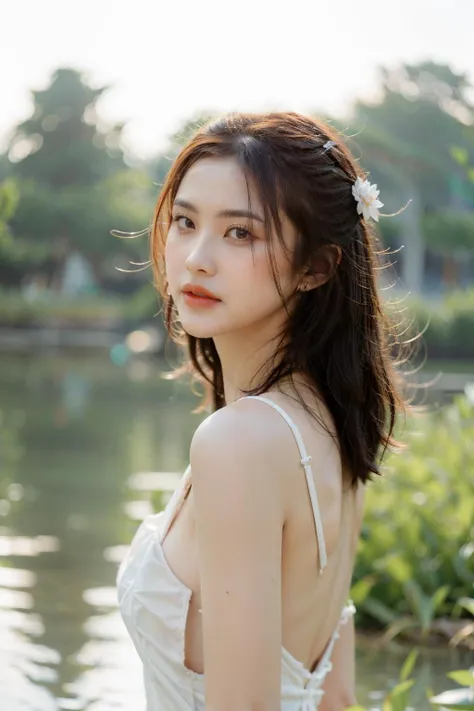 girlcuchoamiface, The woman's beauty can be enhanced by the reflection of the lotus flowers in the water. The vibrant colors of the lotus flowers can also add to the beauty of the scene, creating a harmonious blend of colors, RAW photo,(high detailed skin:1.2), 8k uhd, dslr, soft lighting, high quality, film grain, photorealistic, 1girl, Stunningly Beautiful Girl, Haute_Couture, designer dress, wearing Haute_Couture, posing for a picture, fashion show, Long shaped face, angry, crazy, dark red eyes, Sandy Blonde side-swept hair, short hair, long ringlets, catwalk \(walkway\), , colorful, vivid colors, masterpiece, best quality, absurdres, highest quality, amazing details, 8k, aesthetic <lora:girl_SDLife_Chiasedamme_v3.0:0.68> <lora:add_detail:0.3> <lora:more_details:0.3>