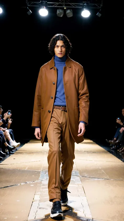 vetnau, (brown coat), 1boy , boy handsome, Haute_Couture, wearing Haute_Couture, posing for a picture, fashion show, Long shaped face, angry, crazy, dark red eyes, short hair, catwalk \(walkway\), , colorful, vivid colors, masterpiece, best quality, absurdres, highest quality, amazing details, 8k, aesthetic <lora:vetnau:1:MIDD>