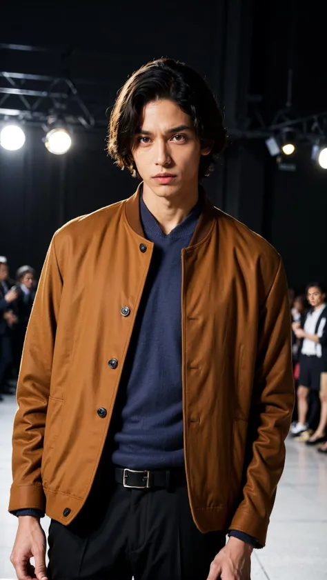 vetnau, (brown jacket:1.4), 1boy , boy handsome, Haute_Couture, wearing Haute_Couture, posing for a picture, fashion show, Long shaped face, angry, crazy, dark red eyes, short hair, catwalk \(walkway\), , colorful, vivid colors, masterpiece, best quality, absurdres, highest quality, amazing details, 8k, aesthetic <lora:vetnau:0.6>