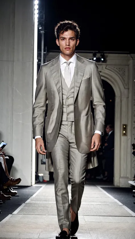 vetsuiteghi, (grey coat), 1boy , boy handsome, Haute_Couture, wearing Haute_Couture, posing for a picture, fashion show, Long shaped face, angry, crazy, dark red eyes, short hair, catwalk \(walkway\), , colorful, vivid colors, masterpiece, best quality, absurdres, highest quality, amazing details, 8k, aesthetic <lora:vetsuiteghi_greyjacket_SDLife_Chiasedamme_V10:0.85>