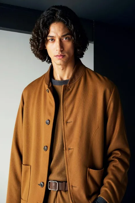 vetnau, (brown jacket:1.4), 1boy , boy handsome, Haute_Couture, wearing Haute_Couture, posing for a picture, fashion show, Long shaped face, angry, crazy, dark red eyes, short hair, catwalk \(walkway\),  , colorful, vivid colors, masterpiece, best quality, absurdres, highest quality, amazing details, 8k, aesthetic  <lora:vetnau:0.8>