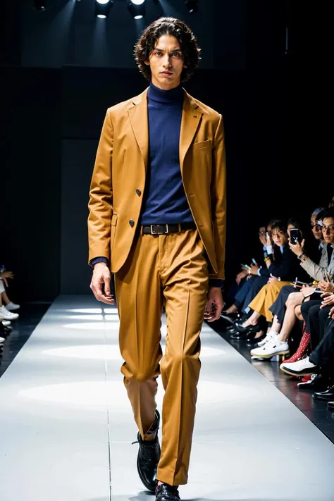 vetnau, 1boy , boy handsome, Haute_Couture, wearing Haute_Couture, posing for a picture, fashion show, Long shaped face, angry, crazy, dark red eyes, short hair, catwalk \(walkway\), , colorful, vivid colors, masterpiece, best quality, absurdres, highest quality, amazing details, 8k, aesthetic <lora:vetnau:0.8>