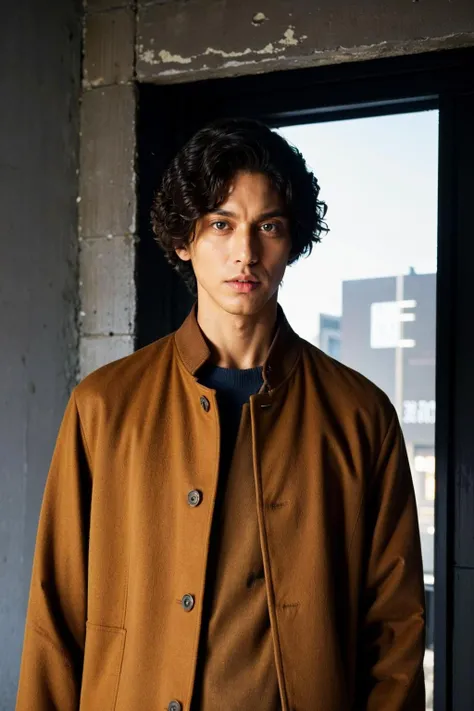 vetnau, (brown jacket:1.4), 1boy , boy handsome, Haute_Couture, wearing Haute_Couture, posing for a picture, fashion show, Long shaped face, angry, crazy, dark red eyes, short hair, catwalk \(walkway\), , colorful, vivid colors, masterpiece, best quality, absurdres, highest quality, amazing details, 8k, aesthetic <lora:vetnau:0.8>