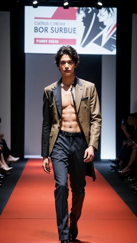 vetnau, 1boy , boy handsome, Haute_Couture, wearing Haute_Couture, posing for a picture, fashion show, Long shaped face, angry, crazy, dark red eyes, short hair, catwalk \(walkway\), , colorful, vivid colors, masterpiece, best quality, absurdres, highest quality, amazing details, 8k, aesthetic <lora:vetnau:0.6>