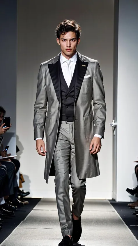 vetsuiteghi, (grey coat), 1boy , boy handsome, Haute_Couture, wearing Haute_Couture, posing for a picture, fashion show, Long shaped face, angry, crazy, dark red eyes, short hair, catwalk \(walkway\),  , colorful, vivid colors, masterpiece, best quality, absurdres, highest quality, amazing details, 8k, aesthetic  <lora:vetsuiteghi_greyjacket_SDLife_Chiasedamme_V10:0.68>