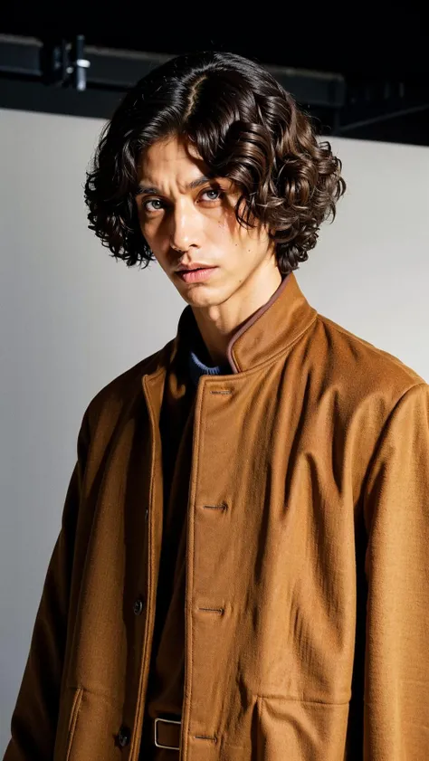 vetnau, (brown jacket:1.4), 1boy , boy handsome, Haute_Couture, wearing Haute_Couture, posing for a picture, fashion show, Long shaped face, angry, crazy, dark red eyes, short hair, catwalk \(walkway\),  , colorful, vivid colors, masterpiece, best quality, absurdres, highest quality, amazing details, 8k, aesthetic  <lora:vetnau:0.8>