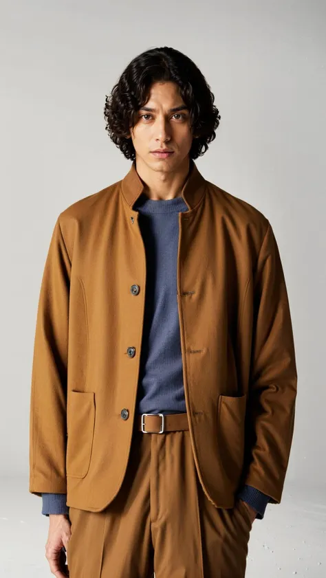 vetnau, (brown jacket:1.4), 1boy , boy handsome, Haute_Couture, wearing Haute_Couture, posing for a picture, fashion show, Long shaped face, angry, crazy, dark red eyes, short hair, catwalk \(walkway\), , colorful, vivid colors, masterpiece, best quality, absurdres, highest quality, amazing details, 8k, aesthetic <lora:vetnau:0.8>