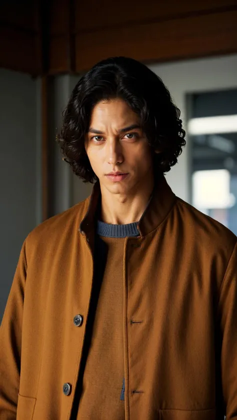 vetnau, (brown jacket:1.4), 1boy , boy handsome, Haute_Couture, wearing Haute_Couture, posing for a picture, fashion show, Long shaped face, angry, crazy, dark red eyes, short hair, catwalk \(walkway\), , colorful, vivid colors, masterpiece, best quality, absurdres, highest quality, amazing details, 8k, aesthetic <lora:vetnau:0.8>
