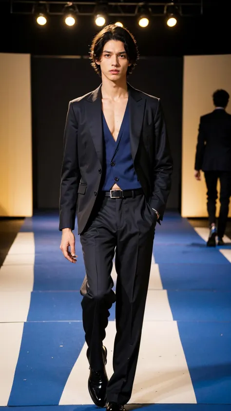 vetnau, 1boy , boy handsome, Haute_Couture, wearing Haute_Couture, posing for a picture, fashion show, Long shaped face, angry, crazy, dark red eyes, short hair, catwalk \(walkway\), , colorful, vivid colors, masterpiece, best quality, absurdres, highest quality, amazing details, 8k, aesthetic <lora:vetnau:0.6>