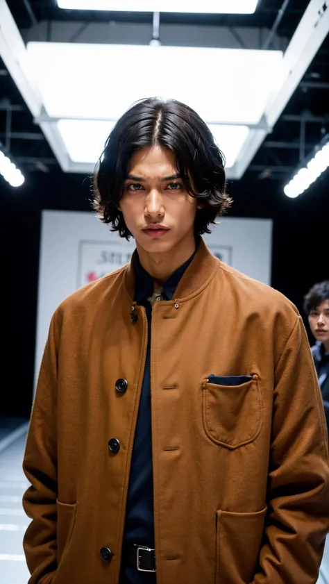 vetnau, (brown jacket:1.4), 1boy , boy handsome, Haute_Couture, wearing Haute_Couture, posing for a picture, fashion show, Long shaped face, angry, crazy, dark red eyes, short hair, catwalk \(walkway\),  , colorful, vivid colors, masterpiece, best quality, absurdres, highest quality, amazing details, 8k, aesthetic  <lora:vetnau:0.6>