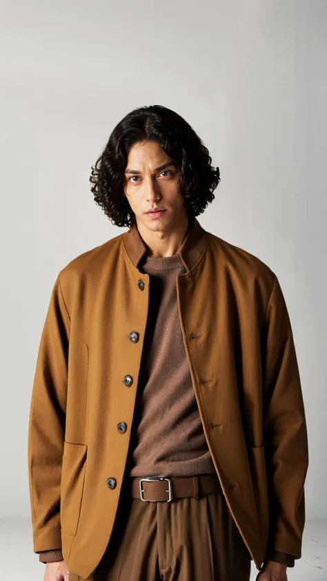 vetnau, (brown jacket:1.4), 1boy , boy handsome, Haute_Couture, wearing Haute_Couture, posing for a picture, fashion show, Long shaped face, angry, crazy, dark red eyes, short hair, catwalk \(walkway\), , colorful, vivid colors, masterpiece, best quality, absurdres, highest quality, amazing details, 8k, aesthetic <lora:vetnau:0.8>
