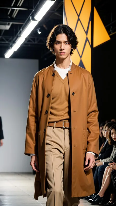 1boy , boy handsome, Haute_Couture, wearing Haute_Couture, posing for a picture, fashion show, Long shaped face, angry, crazy, dark red eyes, short hair, catwalk \(walkway\), , colorful, vivid colors, masterpiece, best quality, absurdres, highest quality, amazing details, 8k, aesthetic <lora:vetnau:0.6>