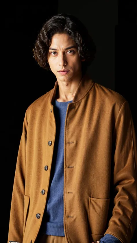 vetnau, (brown jacket:1.4), 1boy , boy handsome, Haute_Couture, wearing Haute_Couture, posing for a picture, fashion show, Long shaped face, angry, crazy, dark red eyes, short hair, catwalk \(walkway\),  , colorful, vivid colors, masterpiece, best quality, absurdres, highest quality, amazing details, 8k, aesthetic  <lora:vetnau:0.8>