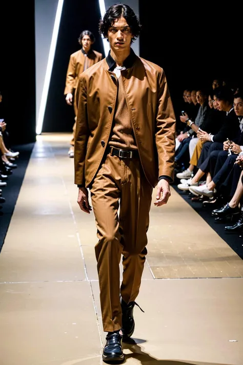 vetnau, 1boy , boy handsome, Haute_Couture, wearing Haute_Couture, posing for a picture, fashion show, Long shaped face, angry, crazy, dark red eyes, short hair, catwalk \(walkway\),  , colorful, vivid colors, masterpiece, best quality, absurdres, highest quality, amazing details, 8k, aesthetic  <lora:vetnau:0.8>