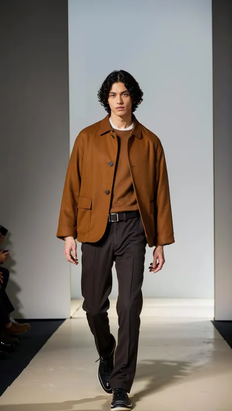 vetnau, (brown jacket:1.4), 1boy , boy handsome, Haute_Couture, wearing Haute_Couture, posing for a picture, fashion show, Long shaped face, angry, crazy, dark red eyes, short hair, catwalk \(walkway\), , colorful, vivid colors, masterpiece, best quality, absurdres, highest quality, amazing details, 8k, aesthetic <lora:vetnau:0.8>