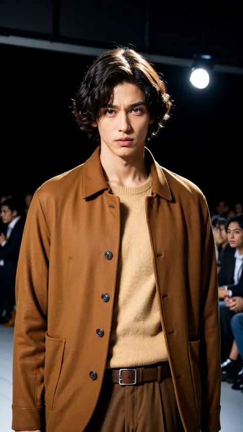 vetnau, (brown jacket:1.4), 1boy , boy handsome, Haute_Couture, wearing Haute_Couture, posing for a picture, fashion show, Long shaped face, angry, crazy, dark red eyes, short hair, catwalk \(walkway\), , colorful, vivid colors, masterpiece, best quality, absurdres, highest quality, amazing details, 8k, aesthetic <lora:vetnau:0.6>